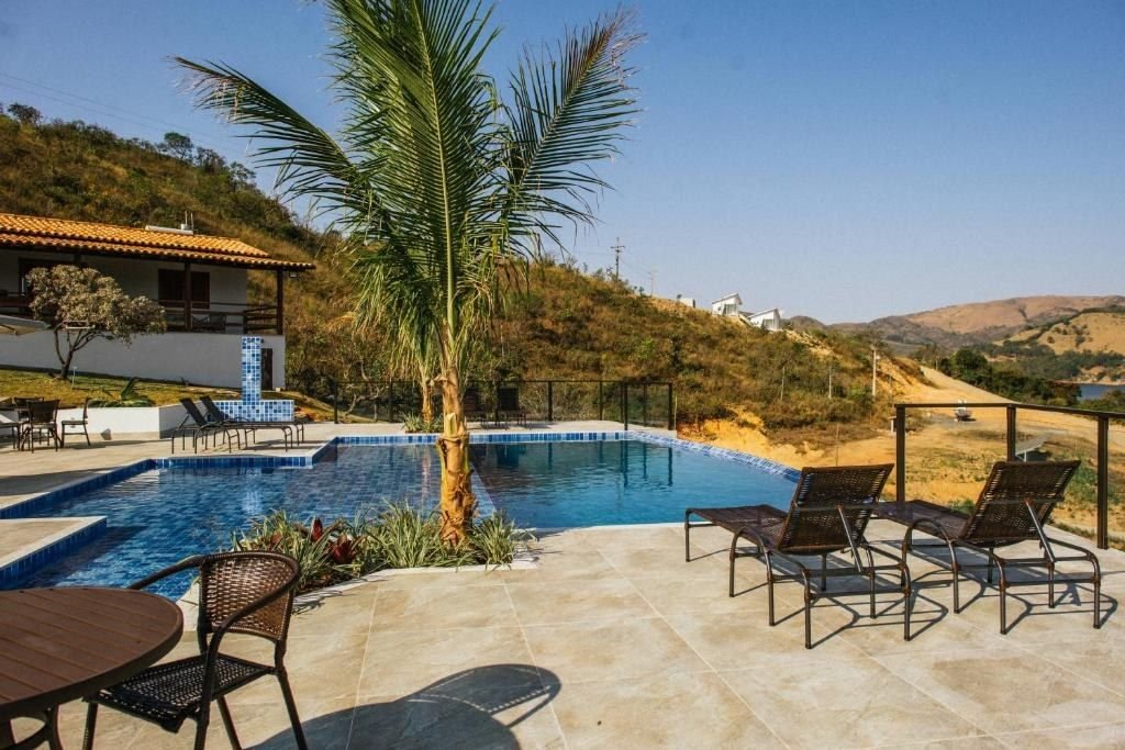 Piscina de borda infinita com coqueiro e espreguiçadeiras